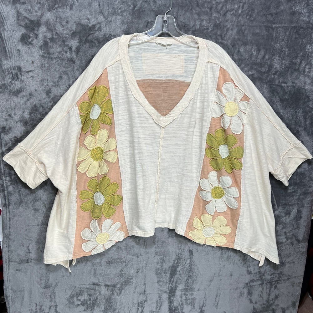 Oli & Hali Floral Applique Oversized Cotton Top Cream Peach Boho Small Hippie - Picture 2 of 13